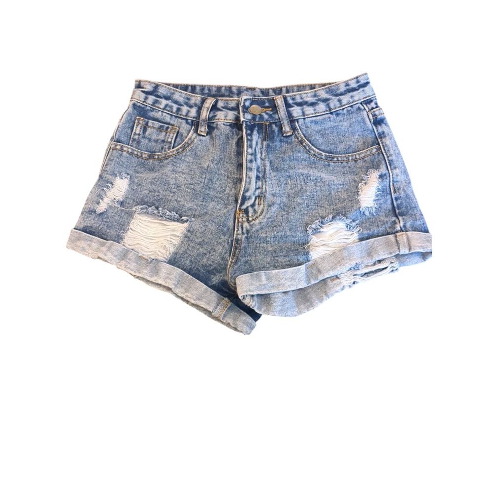 SHEIN Women's Size XS Cuffed Distressed Med Wash High Rise Jean Shorts